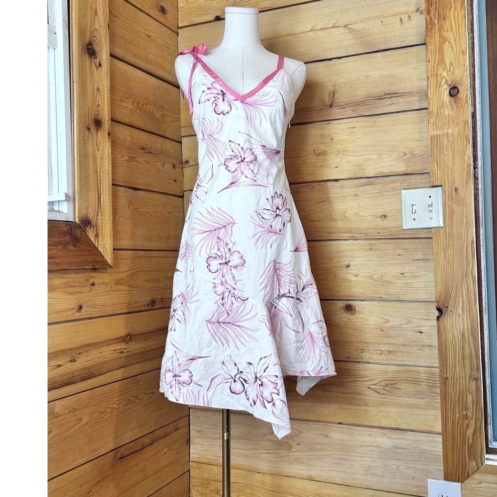 Handkerchief Hem Tropical Floral Dress Womens Medium Pink White Folli Follie
